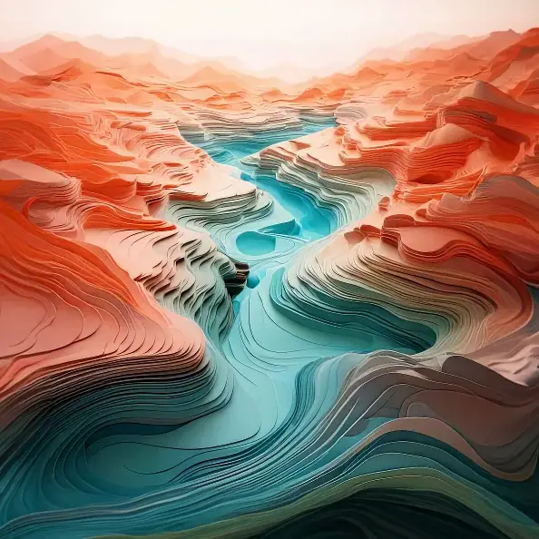 Spirituelles Mentoring zur Bewusstseinsentwicklung mit LIVINQ abstrakte landschaft in zumeist roter farbgebung. canyon in der mitte fließt ein fluss. alles ist im schichtstyle. symbolisiert heilung von angstzuständen