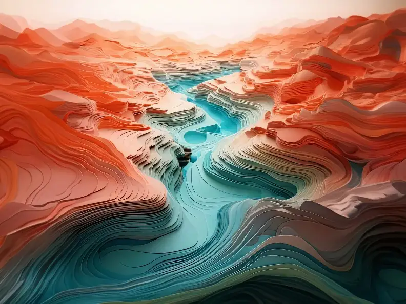 Spirituelles Mentoring zur Bewusstseinsentwicklung mit LIVINQ abstrakte landschaft in zumeist roter farbgebung. canyon in der mitte fließt ein fluss. alles ist im schichtstyle. symbolisiert heilung von angstzuständen