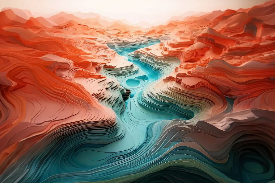 Spirituelles Mentoring zur Bewusstseinsentwicklung mit LIVINQ abstrakte landschaft in zumeist roter farbgebung. canyon in der mitte fließt ein fluss. alles ist im schichtstyle. symbolisiert heilung von angstzuständen