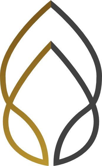 inquiry - zen - anoor_ Ein abstraktes, flammenähnliches Design in Gold und Schwarz mit zwei symmetrischen, länglichen Tropfenformen, die oben zusammenlaufen und sich unten nach außen erstrecken. Das Design zeichnet sich durch einen einfachen, sanften Farbverlauf von Gold nach Schwarz aus.
